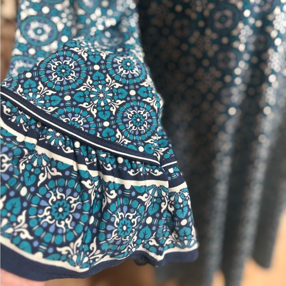 MAX STUDIO SCOOP NECK DRESS BLUE & WHITE GEOMETRIC PATTERN RUFFLE SLEEVE SZ L - Picture 4 of 9